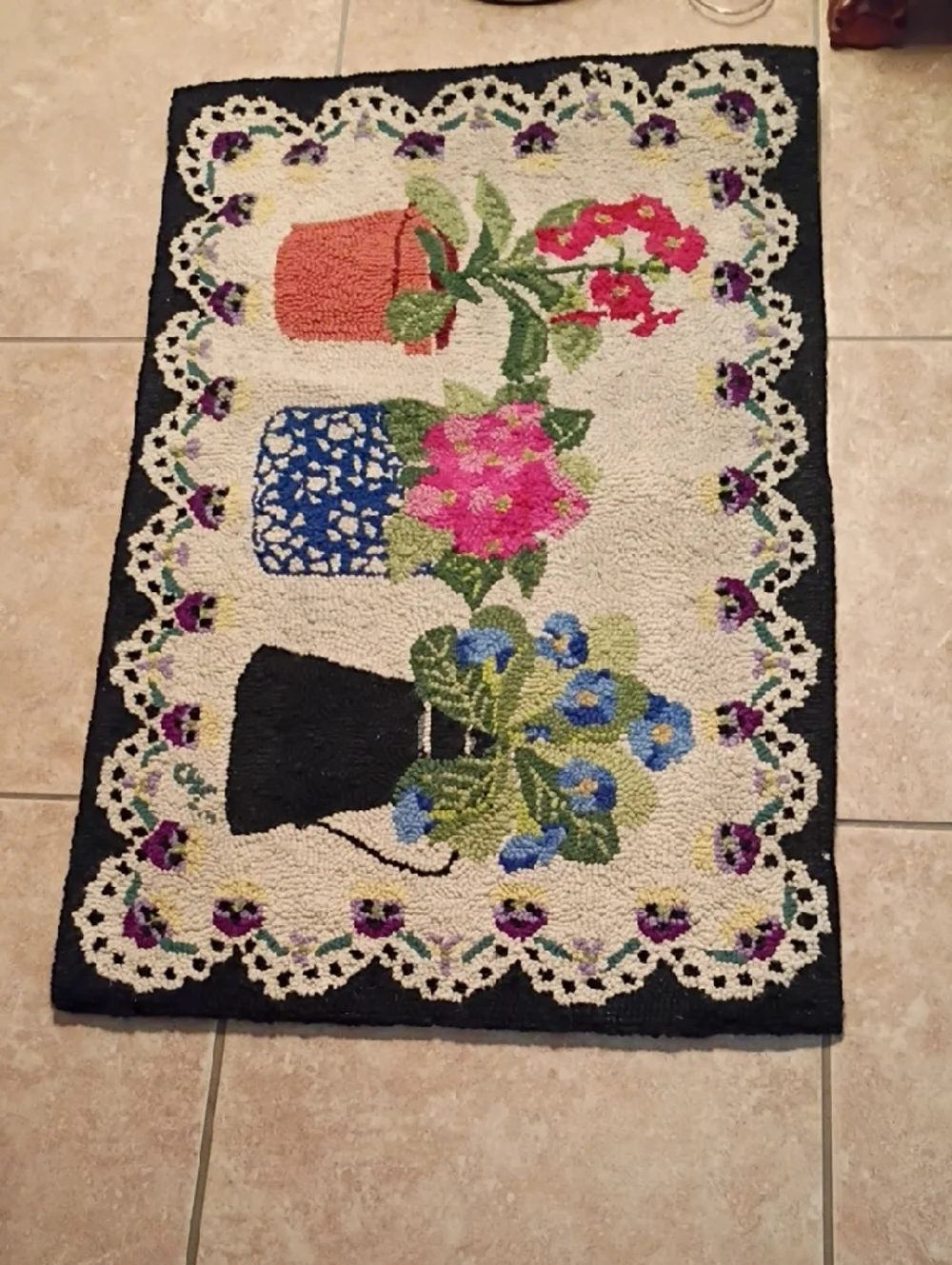 Hooked Floral Potted Plants Accent Door Mat - Cream, Black, Pink, Blue, Green